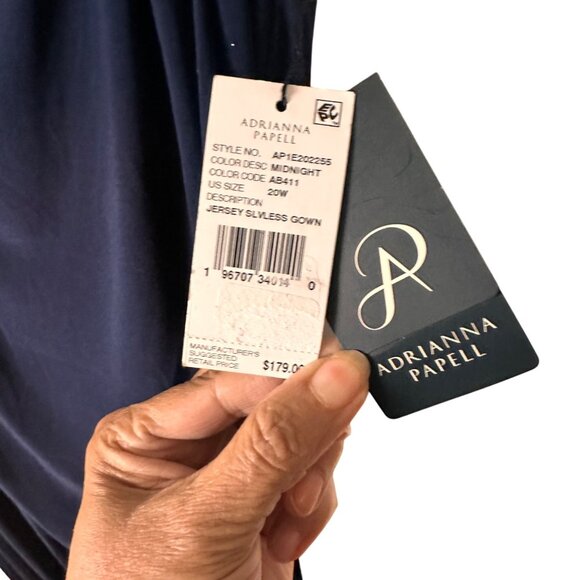 Adrianna Papell Size 20W Midnight Blue Jersey Sleeveless Gown With Draped Detail - Picture 4 of 16